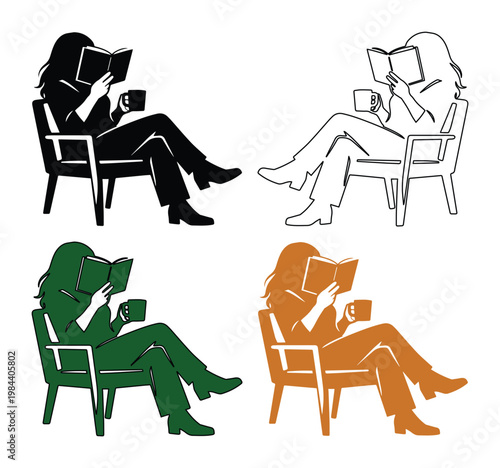 Woman reading vector illustration set, diverse female readers enjoying books and coffee, cozy leisure and education concept, black, outline, green, and brown graphic resource collection