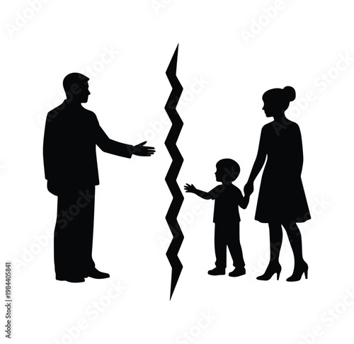 Family separation vector illustration, broken family silhouette, divorce and child custody concept, marital conflict and relationship breakdown graphic