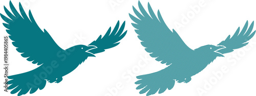 Two teal birds in flight flying silhouettes gradient