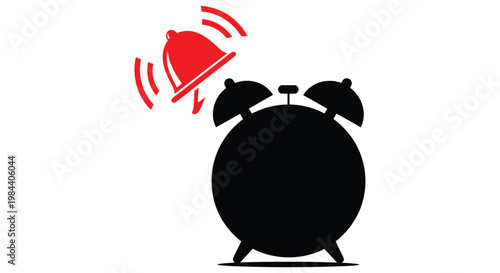 A black silhouette of an alarm clock ringing with red hammer strikes