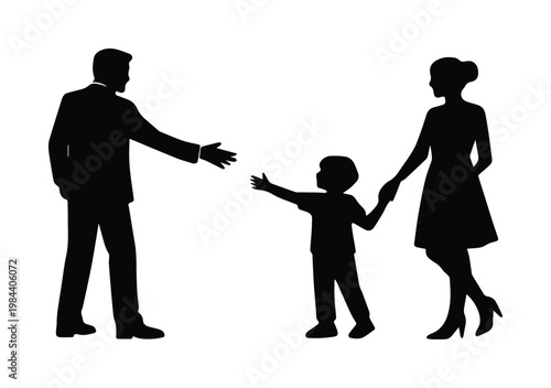Family silhouettes, father reaching for child, mother holding hand, black vector illustration, parental care and support concept, family bond graphic resource.