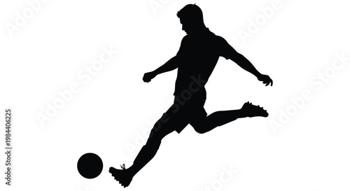 Silhouette of a soccer player kicking a ball against a white background