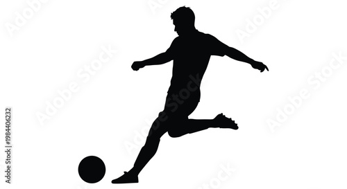 Silhouette of a soccer player kicking a ball against a white background