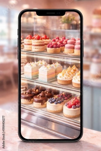 Smartphone displaying bakery showcase with cakes pastries and desserts in shop interior. Concept of dessert selection, food shopping, bakery browsing and mobile ordering experience.
