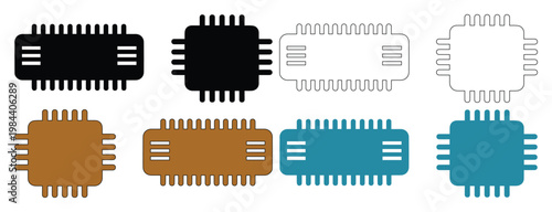 Integrated circuit vector icons, modern microchip processor illustrations, electronic component graphics for technology and computing designs, set of 8 vector elements.