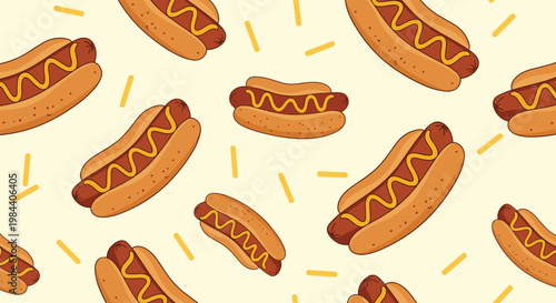Delicious hot dog and french fry seamless pattern on a light yellow background for fast food branding, restaurant menus, and decor.