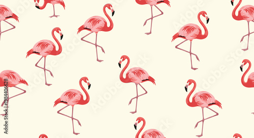 Elegant seamless pattern featuring pink flamingos in various standing and wading poses on a light cream-colored background for textiles.