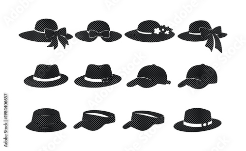 Elegant black hat collection, a diverse set of 12 stylish headwear silhouettes, perfect for fashion design and accessory illustrations. Classic fedoras, wide-brimmed sun hats
