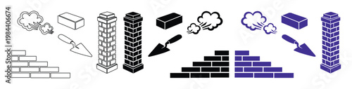Construction and Masonry Building Process Vector Icons. Bricklaying Tools, Mortar, and Wall Elements for Architecture and Renovation Projects. Outline, Solid, and Color Variations.