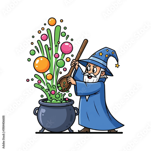 Wizard stirring bubbling cauldron pot green.