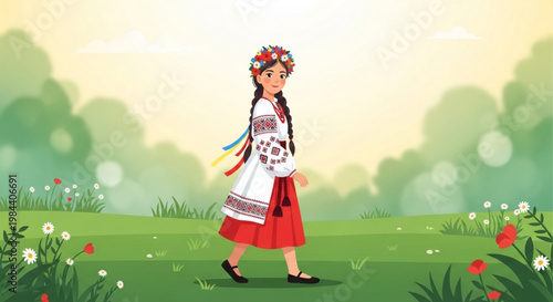 Young Ukrainian girl in traditional embroidered clothing walking in a sunny meadow cultural heritage and folklore conc