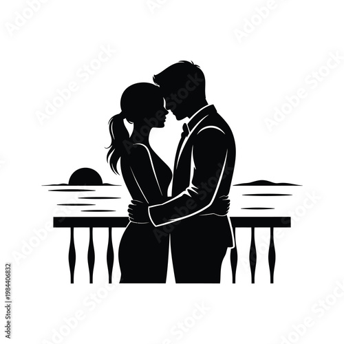 A romantic couple embracing at sunset on a balcony overlooking ocean.