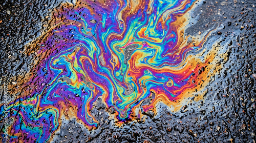 Abstract iridescent oil slick on wet asphalt texture background. Rainbow gasoline spill and petrol leak on dark road pavement after rain