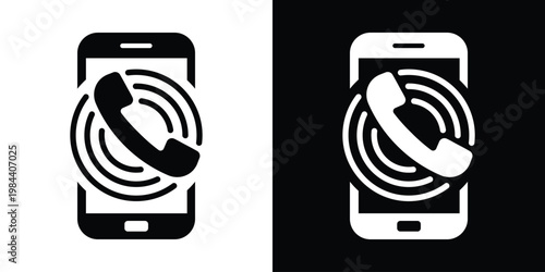Smartphone icons with ringing signal waves and a phone handset on screen. Illustrates mobile calling, vibrating alerts, and cellular communication technology.