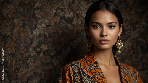 Elegant Young Woman in Traditional Batik Attire with Gold Earrings Against Ornate Floral Background, Fashion Portrait