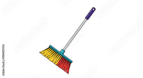 Modern cleaning broom with colorful red and yellow bristles and a long metal handle isolated on white for household chores and maintenance.