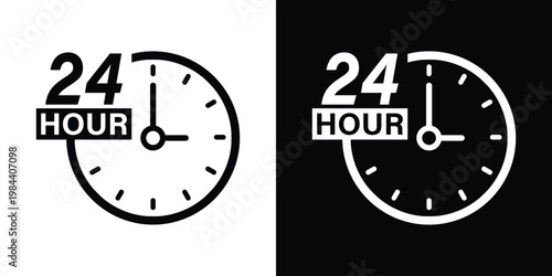 24-hour service icons featuring a clock face and bold text. Ideal for indicating round-the-clock availability, open hours, and 24/7 customer support.