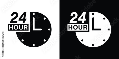 24-hour service icons featuring a clock face and bold text. Ideal for indicating round-the-clock availability, open hours, and 24/7 customer support.