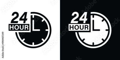 24-hour service icons featuring a clock face and bold text. Ideal for indicating round-the-clock availability, open hours, and 24/7 customer support.
