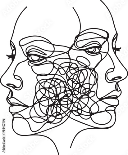 Mental Health Concept Illustration with Tangled Line Art Faces