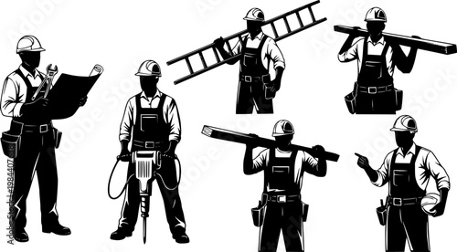 Collection of professional construction worker silhouettes holding various tools, carrying materials, and reviewing, isolated on white background
