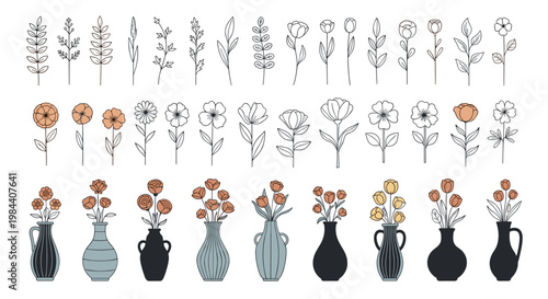 Extensive collection of delicate line-art flower stems and flowers in various decorative vases for botanical design and home interior.