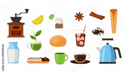Colorful drinks and dessert vector illustration with coffee tea lemon spices pastry and mug set