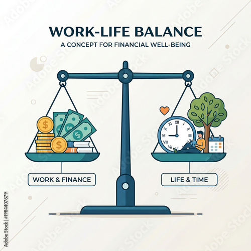 Scale Balancing Work & Finance vs. Life & Time | Financial Well-Being Concept Art | Harmonizing Career and Personal Life
