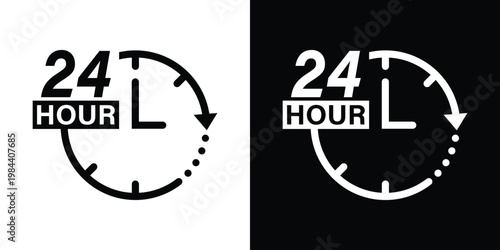 24-hour service icons featuring a clock face and bold text. Ideal for indicating round-the-clock availability, open hours, and 24/7 customer support.