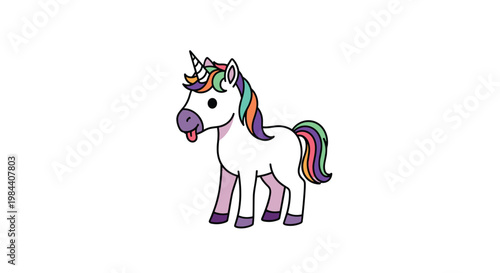 Adorable cartoon unicorn character with colorful rainbow mane and tail standing on a plain white background for children and fairy tales.
