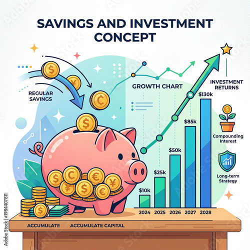 Piggy Bank Overflowing with Coins and Growth Chart | Savings Accumulation and Long-Term Investment Strategy | Financial Planning Visual
