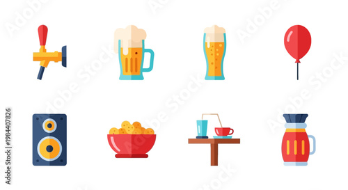 Variety of Beverage and Food Icons with Drink Glasses and Snack Items
