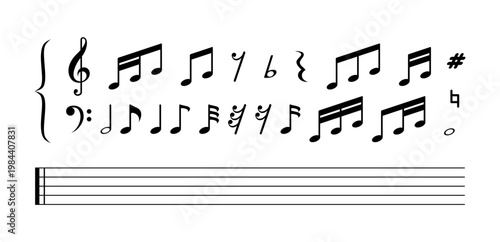 Vector illustration of a music sheet background with music notes on a white background.
