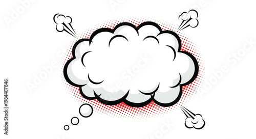 White fluffy cloud with speed lines and halftone dots in a classic retro comic book explosion style for speech bubbles and pop art.