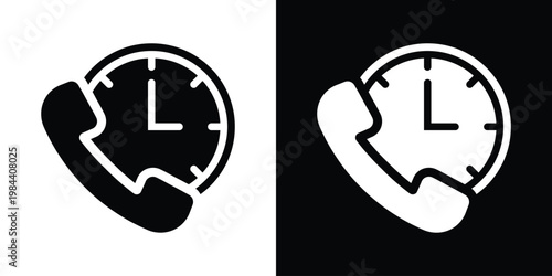 Vector icons of a telephone handset with a clock, symbolizing customer support hours, scheduled calls, and 24/7 service availability. Black and white versions.