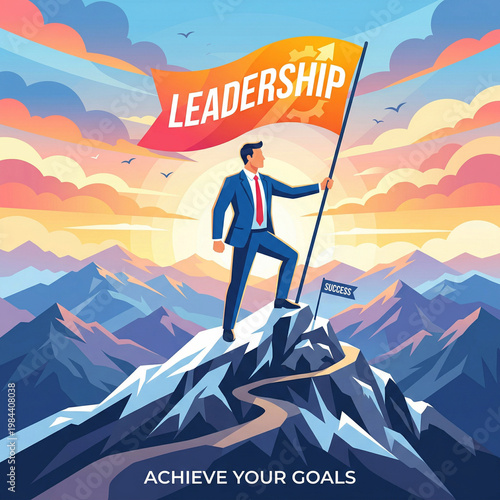 Visionary Leader Standing atop Mountain Holding Leadership Flag | Inspirational Motivational Illustration | Achieve Your Goals Concept Art
