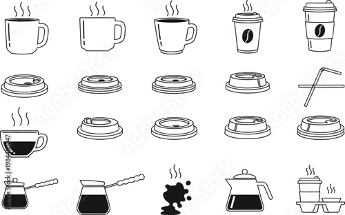 Collection of Coffee Related Icons in Black and White Line Art Keywords: coffee, cup, mug, hot, drink, beverage, steam, lid, straw, pot, cezve