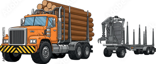 Log Transport and Forestry Vehicle Vector Set with Logging Truck and Wood Carrier for Construction, Machinery, and Forestry Illustrations