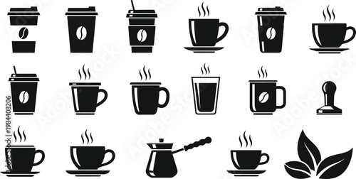 Collection of Coffee Related Icons Including Cups Mugs and Beans Keywords: coffee, cup, mug, to go cup, coffee beans, coffee pot, french press, hot