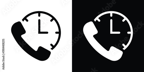 Vector icons of a telephone handset with a clock, symbolizing customer support hours, scheduled calls, and 24/7 service availability. Black and white versions.