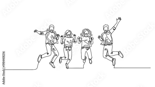 Continuous line drawing of happy people jumping. Continuous line style. Hand drawn. Line art. Vector design. illustration
