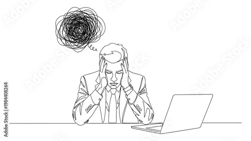 A stressed businessman sitting at a desk with a laptop. Continuous line style. Hand drawn. Line art. Vector design. illustration