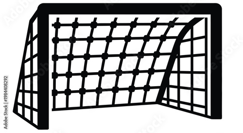 Simple black and white illustration of a soccer goal with netting