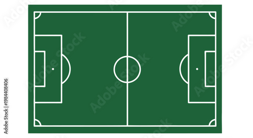 Overhead view of a green soccer field with white markings and goal areas