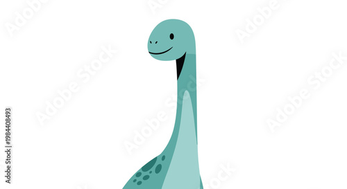 Cute cartoon long-necked dinosaur character smiling against a plain white background for children books, education, and play themes.