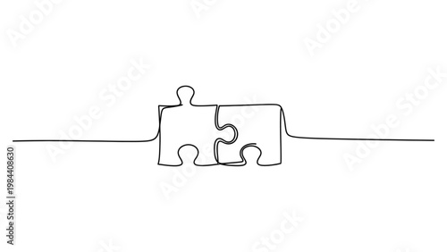 A single line drawing of two jigsaw puzzle pieces connecting. Continuous line style. Hand drawn. Line art. Vector design. illustration
