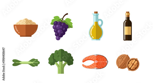 Variety of Fresh Food Ingredients Including Grapes, Fish, and Vegetables