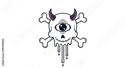 Spooky devilish skull with one large eye, horns, and crossed bones with a dripping liquid effect for halloween and horror themes.