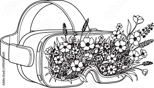 VR Headset with Flowers Coloring Page Line Art Illustration