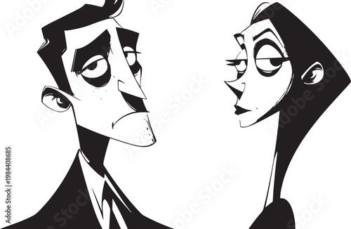 Monochrome couple portraits, conveying contemplative mood and a hint of emotional intimacy, and minimalist style in vector illustration.